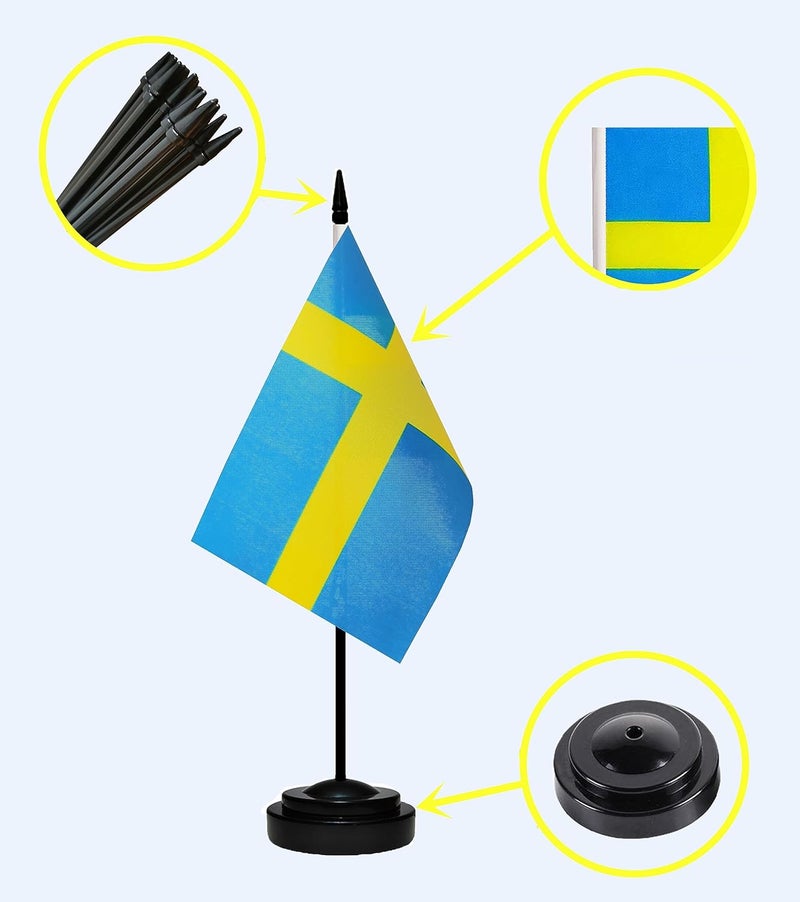 tibijoy Sweden Flags Swedish Small Mini Desk Flags Set Small Mini Sweden Flags Table Flag with 13" Black Pole, Black Base and Spear Top, Miniature Swedish Deluxe Desktop Flag, Home Decoration, Office - Image 2